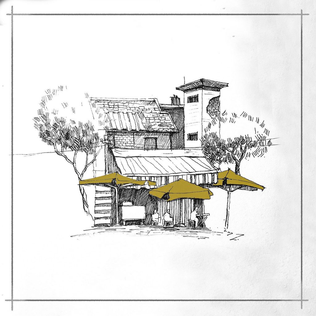 house, trees, sketch